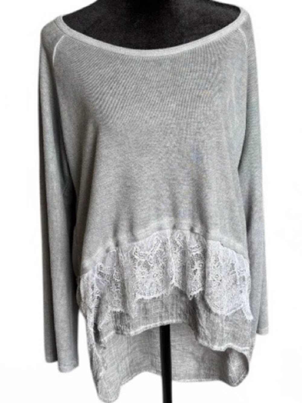 Simply Couture Light Gray Knit Top with Lace Detail